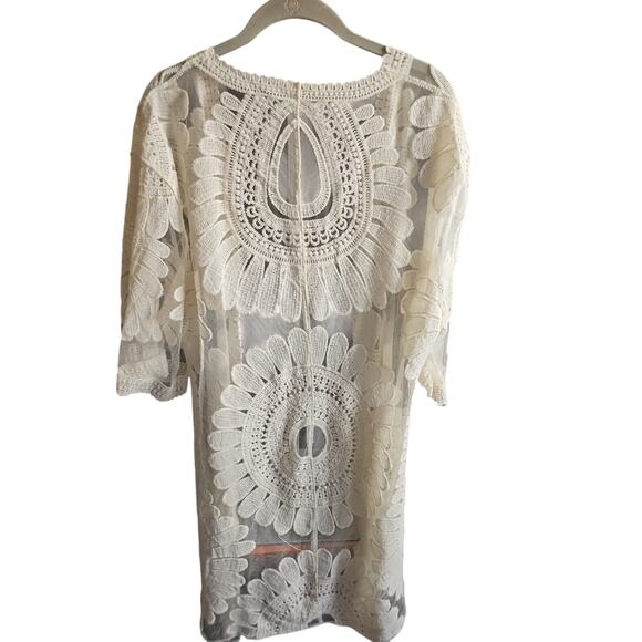 Cream Ivory Embroidered Kimono M – Boho Lace Crochet Duster Cover Up Festival - Picture 2 of 4